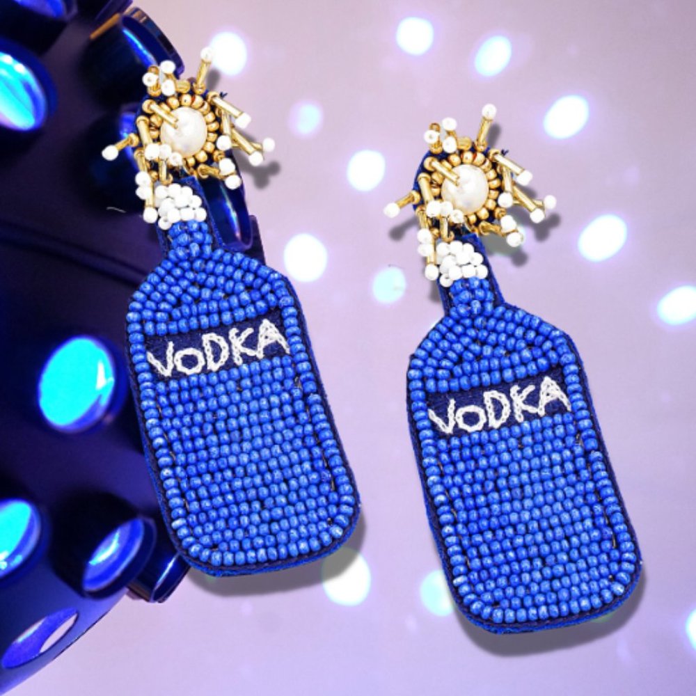 Blue Skyy Bottle Vodka Seed Beaded Bartender Gift Alcohol Drink Party Earrings